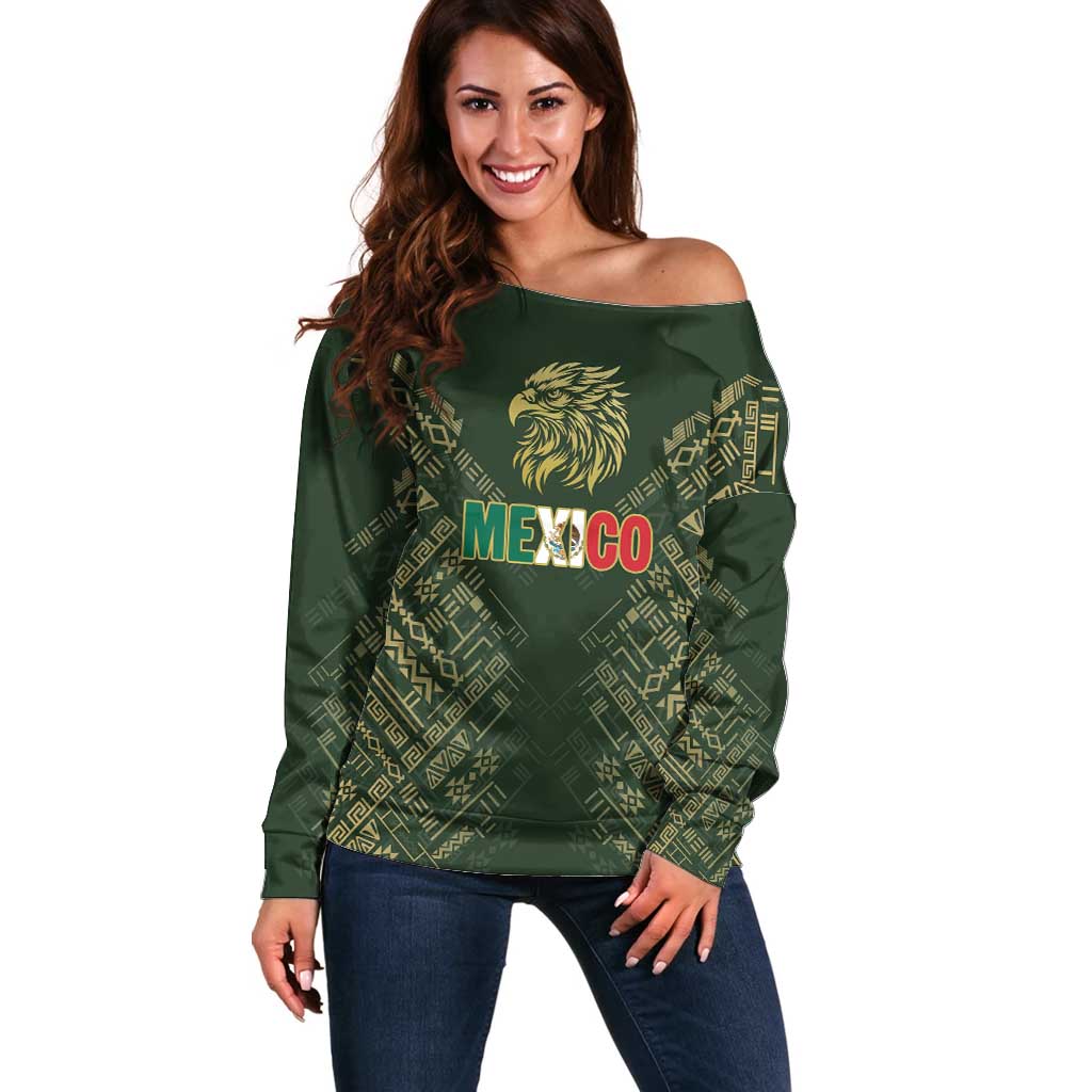 Custom Mexico Football Off Shoulder Sweater Aztec Pattern Eagle - Wonder Print Shop
