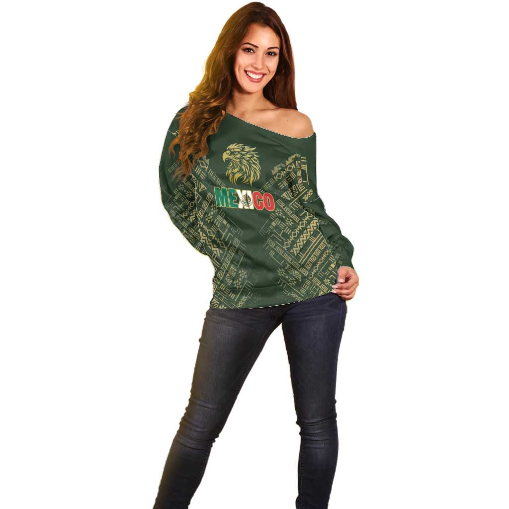 Custom Mexico Football Off Shoulder Sweater Aztec Pattern Eagle - Wonder Print Shop