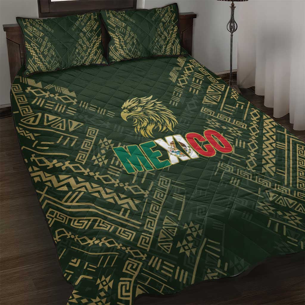 Mexico Football Quilt Bed Set Aztec Pattern Eagle - Wonder Print Shop