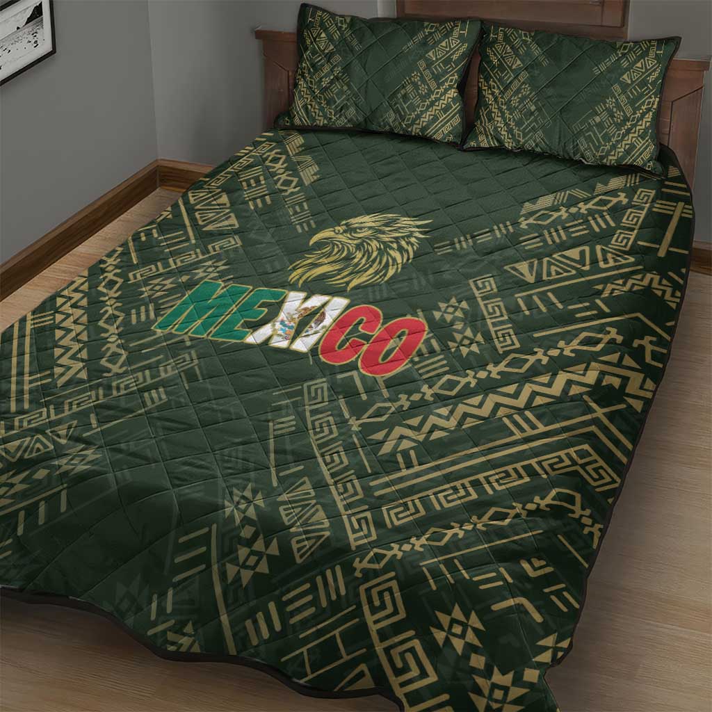 Mexico Football Quilt Bed Set Aztec Pattern Eagle - Wonder Print Shop
