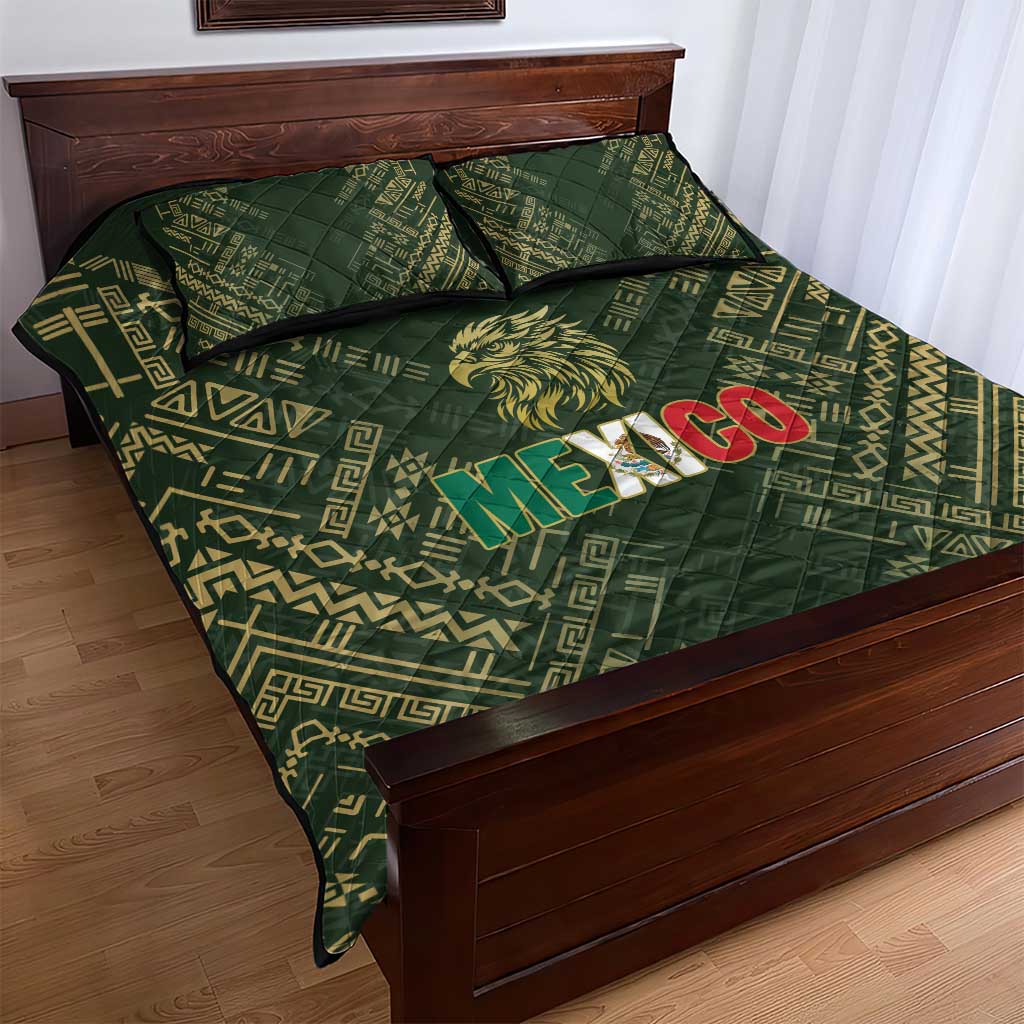 Mexico Football Quilt Bed Set Aztec Pattern Eagle - Wonder Print Shop