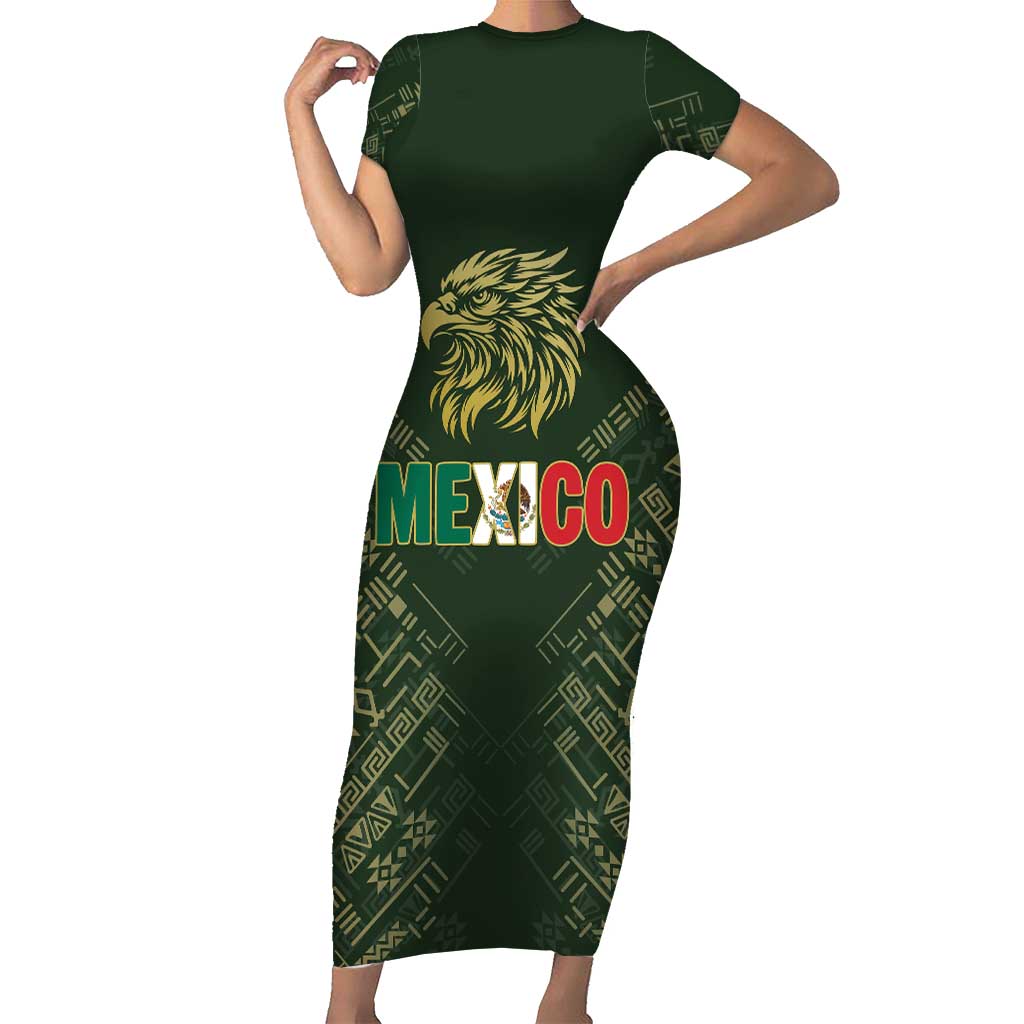 Custom Mexico Football Short Sleeve Bodycon Dress Aztec Pattern Eagle - Wonder Print Shop