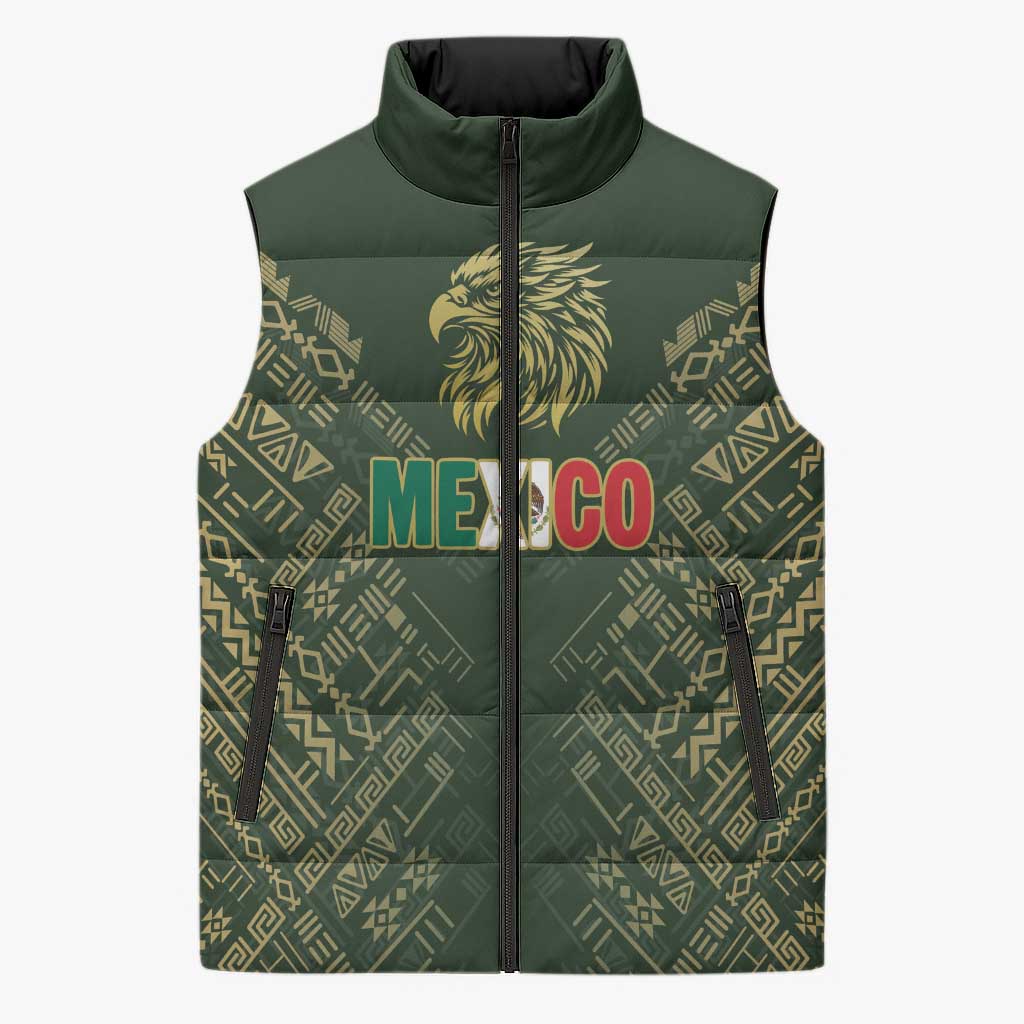 Custom Mexico Football Sleeveless Puffer Jacket Aztec Pattern Eagle - Wonder Print Shop