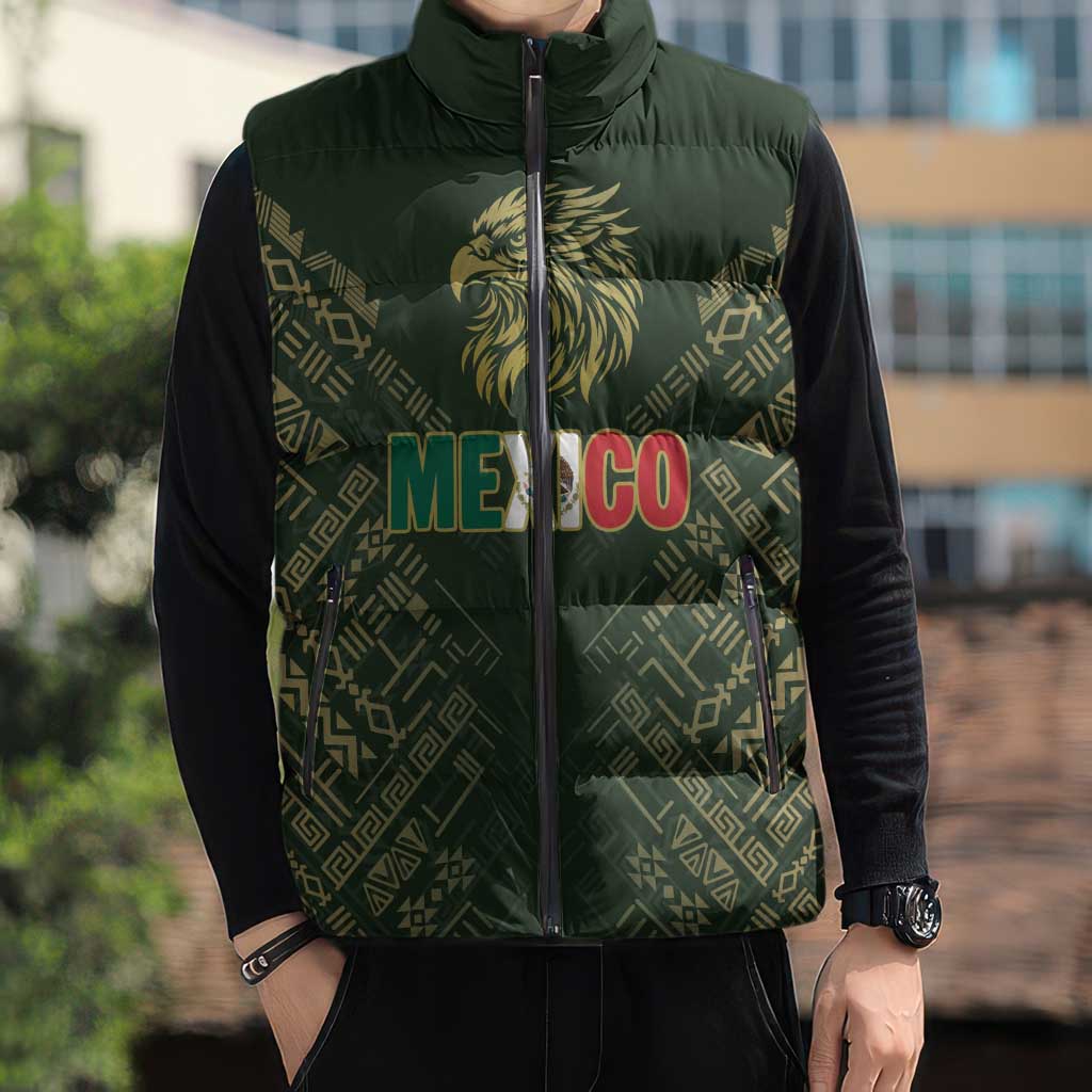 Custom Mexico Football Sleeveless Puffer Jacket Aztec Pattern Eagle - Wonder Print Shop