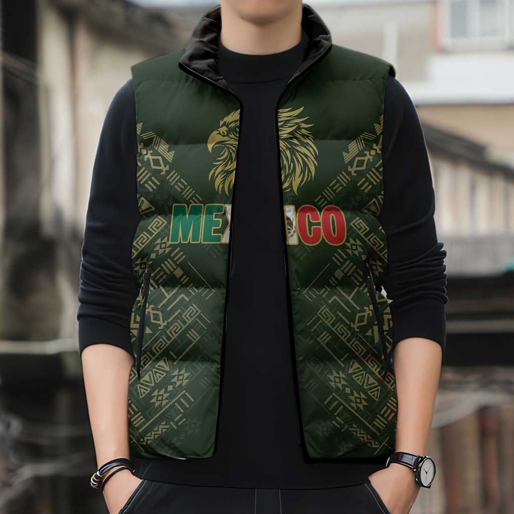 Custom Mexico Football Sleeveless Puffer Jacket Aztec Pattern Eagle - Wonder Print Shop
