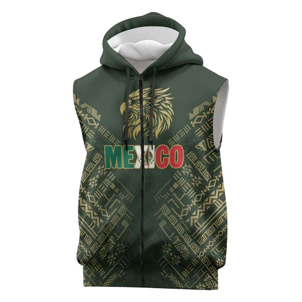 Custom Mexico Football Sleeveless Zip Hoodie Aztec Pattern Eagle - Wonder Print Shop