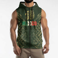Custom Mexico Football Sleeveless Zip Hoodie Aztec Pattern Eagle - Wonder Print Shop