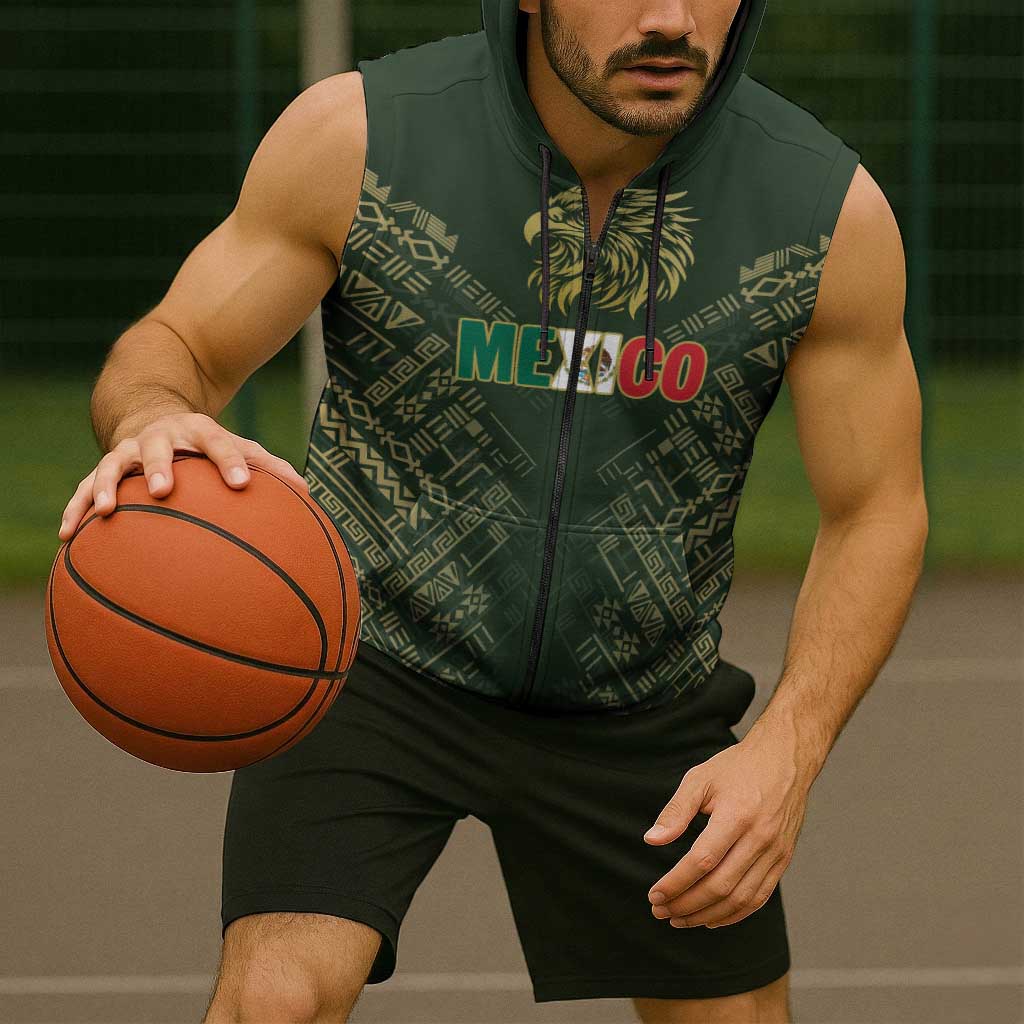Custom Mexico Football Sleeveless Zip Hoodie Aztec Pattern Eagle - Wonder Print Shop