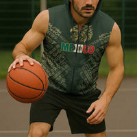 Custom Mexico Football Sleeveless Zip Hoodie Aztec Pattern Eagle - Wonder Print Shop