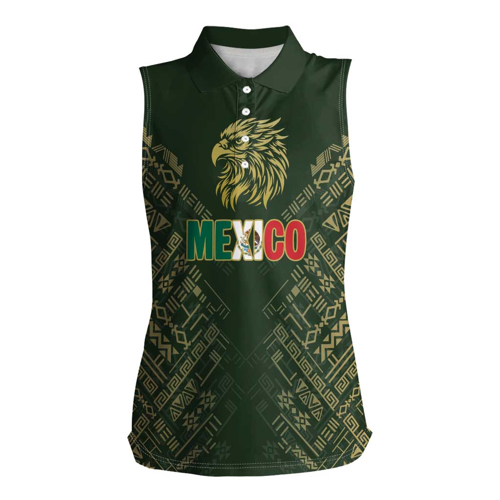 Custom Mexico Football Women Sleeveless Polo Shirt Aztec Pattern Eagle - Wonder Print Shop