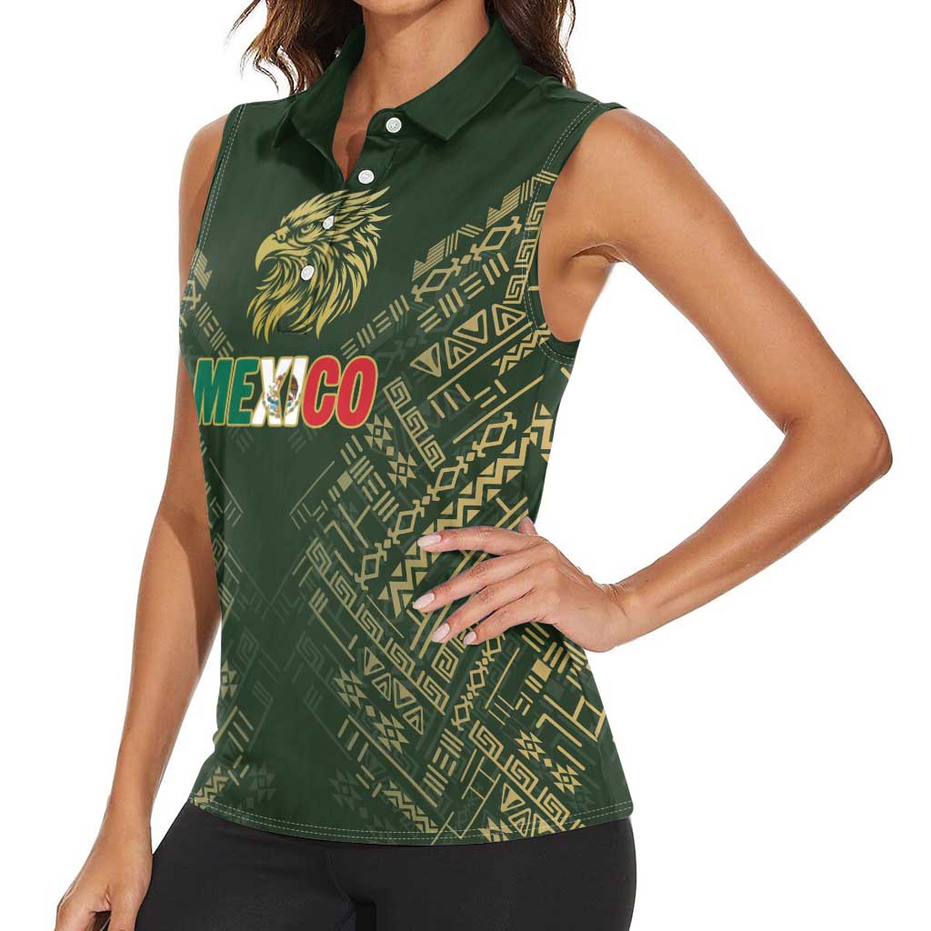 Custom Mexico Football Women Sleeveless Polo Shirt Aztec Pattern Eagle - Wonder Print Shop