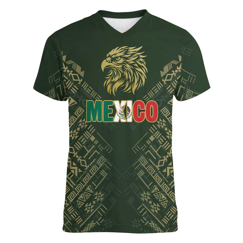 Custom Mexico Football Women V-Neck T-Shirt Aztec Pattern Eagle - Wonder Print Shop