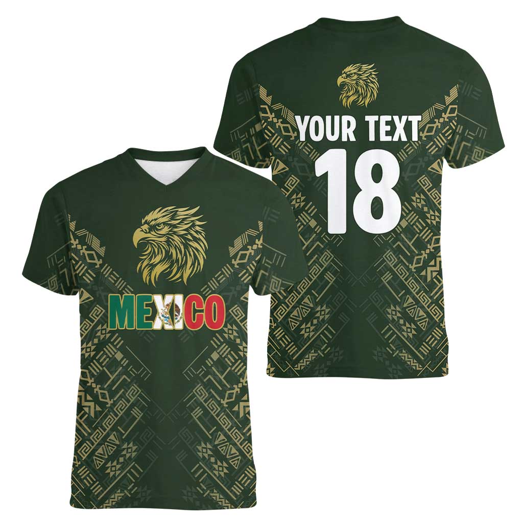 Custom Mexico Football Women V-Neck T-Shirt Aztec Pattern Eagle - Wonder Print Shop