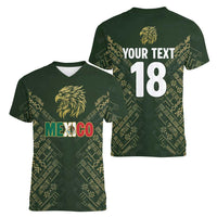 Custom Mexico Football Women V-Neck T-Shirt Aztec Pattern Eagle - Wonder Print Shop
