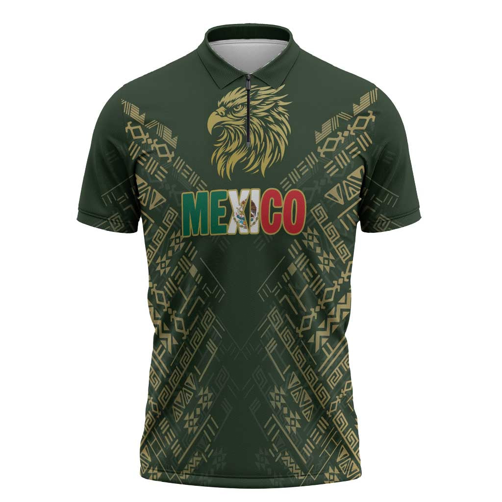 Custom Mexico Football Zipper Polo Shirt Aztec Pattern Eagle - Wonder Print Shop