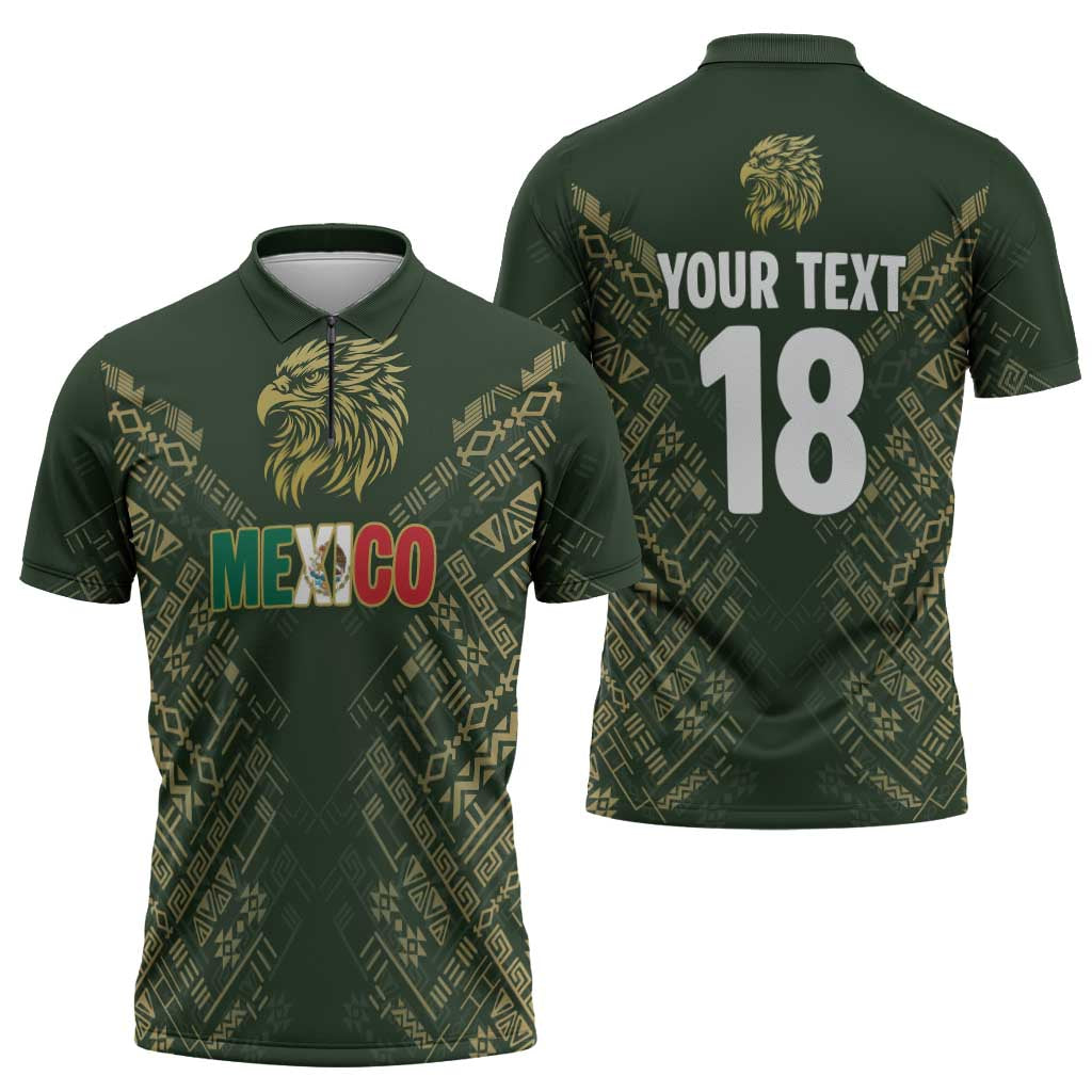 Custom Mexico Football Zipper Polo Shirt Aztec Pattern Eagle - Wonder Print Shop