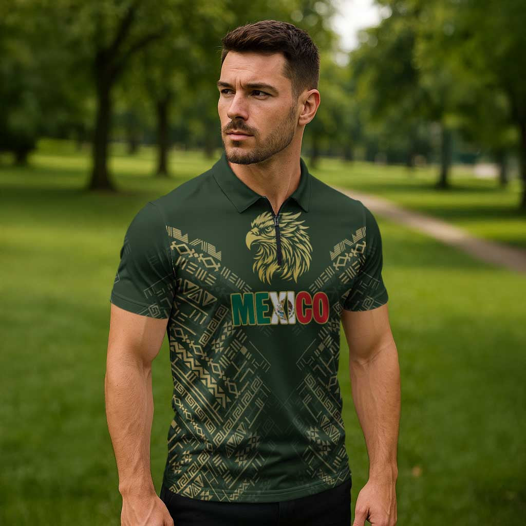Custom Mexico Football Zipper Polo Shirt Aztec Pattern Eagle - Wonder Print Shop