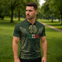 Custom Mexico Football Zipper Polo Shirt Aztec Pattern Eagle - Wonder Print Shop