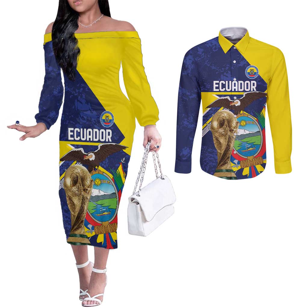 Ecuador Football Custom Couples Matching Off The Shoulder Long Sleeve Dress and Long Sleeve Button Shirt Road To World Cup 2026 - Wonder Print Shop