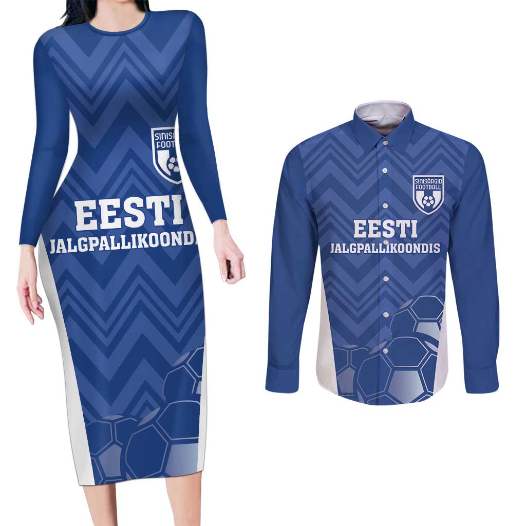 Custom Estonia Football Couples Matching Long Sleeve Bodycon Dress and Long Sleeve Button Shirt Eesti Jalgpallikoondis