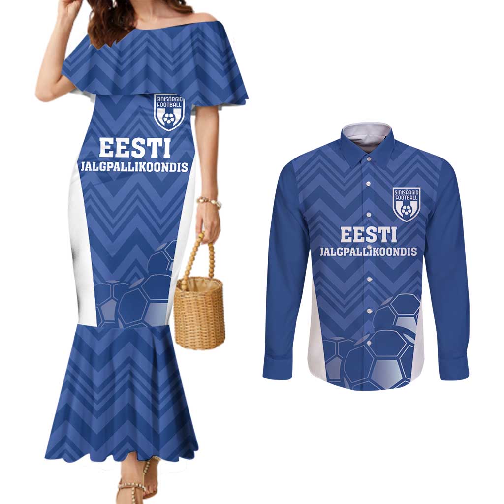 Custom Estonia Football Couples Matching Mermaid Dress and Long Sleeve Button Shirt Eesti Jalgpallikoondis