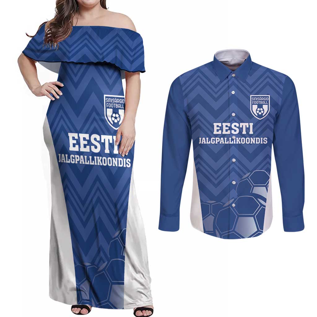 Custom Estonia Football Couples Matching Off Shoulder Maxi Dress and Long Sleeve Button Shirt Eesti Jalgpallikoondis
