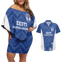 Custom Estonia Football Couples Matching Off Shoulder Short Dress and Hawaiian Shirt Eesti Jalgpallikoondis
