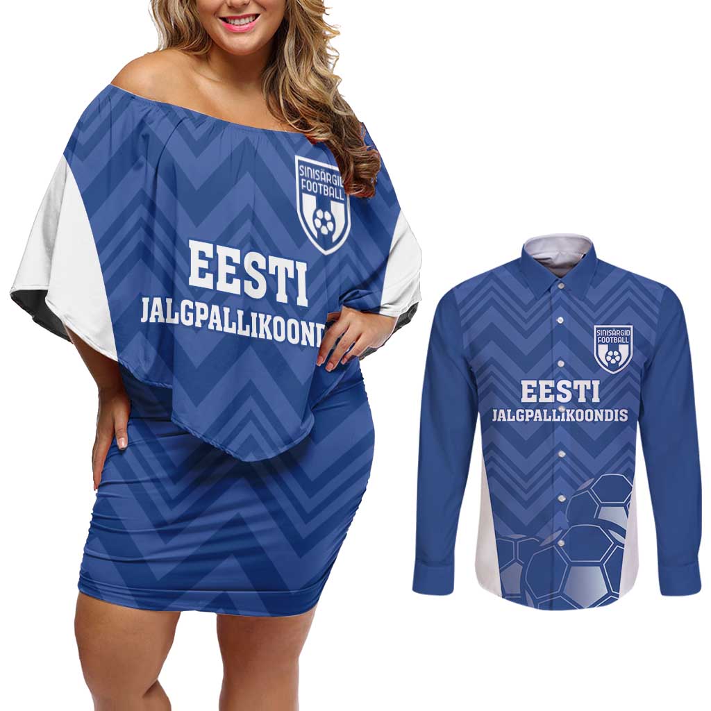 Custom Estonia Football Couples Matching Off Shoulder Short Dress and Long Sleeve Button Shirt Eesti Jalgpallikoondis