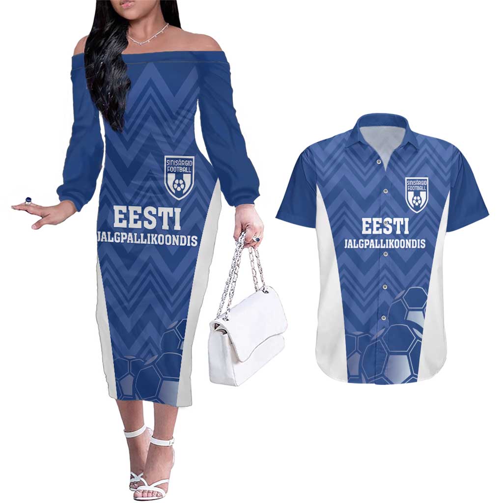 Custom Estonia Football Couples Matching Off The Shoulder Long Sleeve Dress and Hawaiian Shirt Eesti Jalgpallikoondis