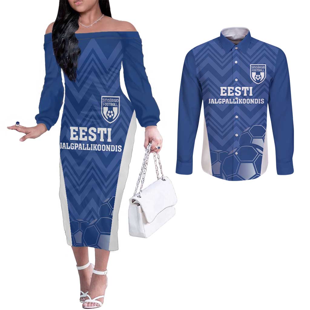 Custom Estonia Football Couples Matching Off The Shoulder Long Sleeve Dress and Long Sleeve Button Shirt Eesti Jalgpallikoondis