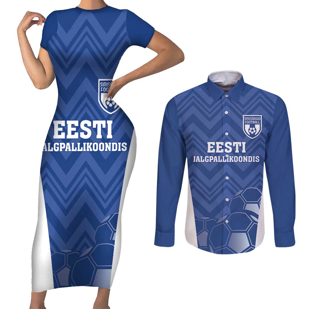 Custom Estonia Football Couples Matching Short Sleeve Bodycon Dress and Long Sleeve Button Shirt Eesti Jalgpallikoondis