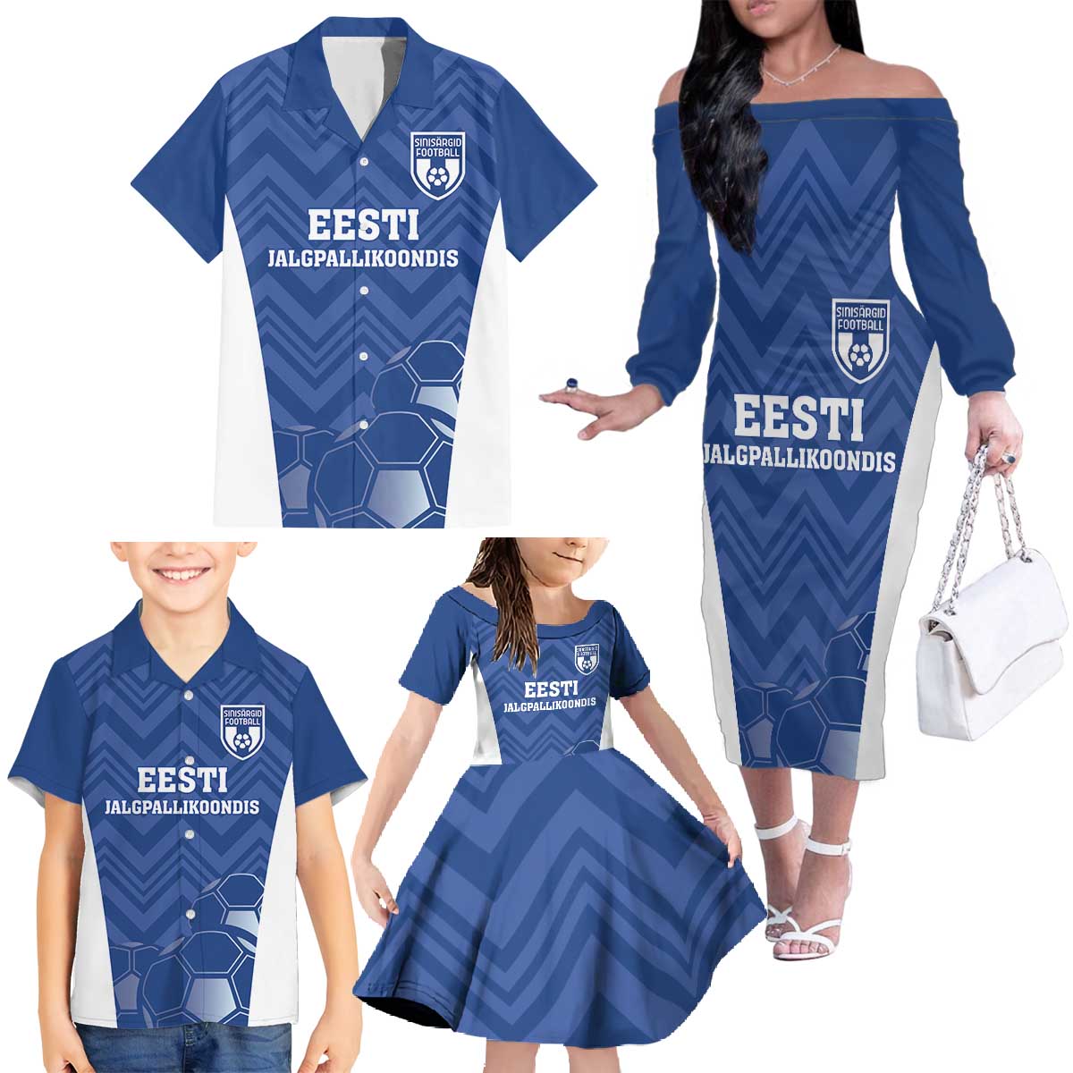 Custom Estonia Football Family Matching Off The Shoulder Long Sleeve Dress and Hawaiian Shirt Eesti Jalgpallikoondis