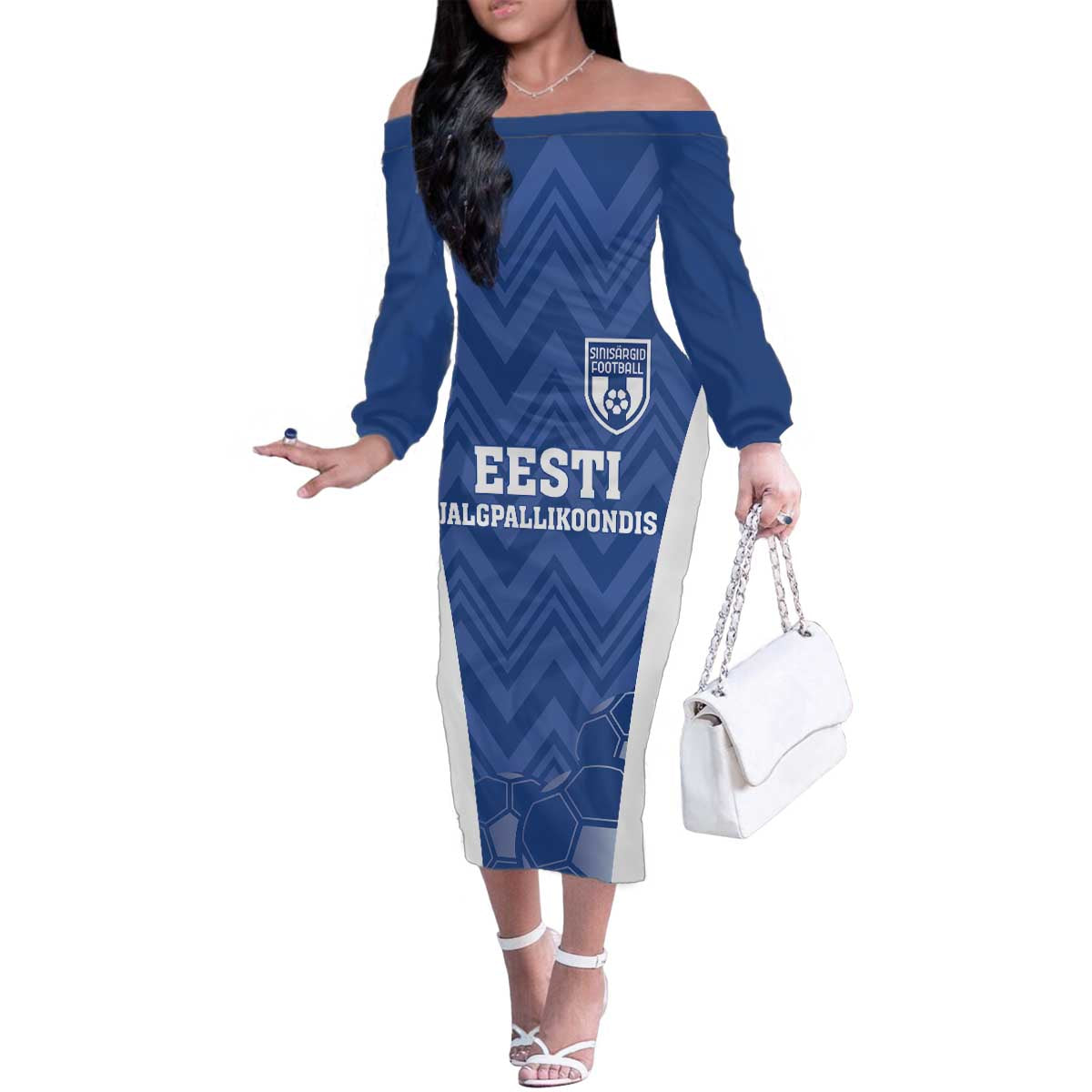 Custom Estonia Football Family Matching Off The Shoulder Long Sleeve Dress and Hawaiian Shirt Eesti Jalgpallikoondis