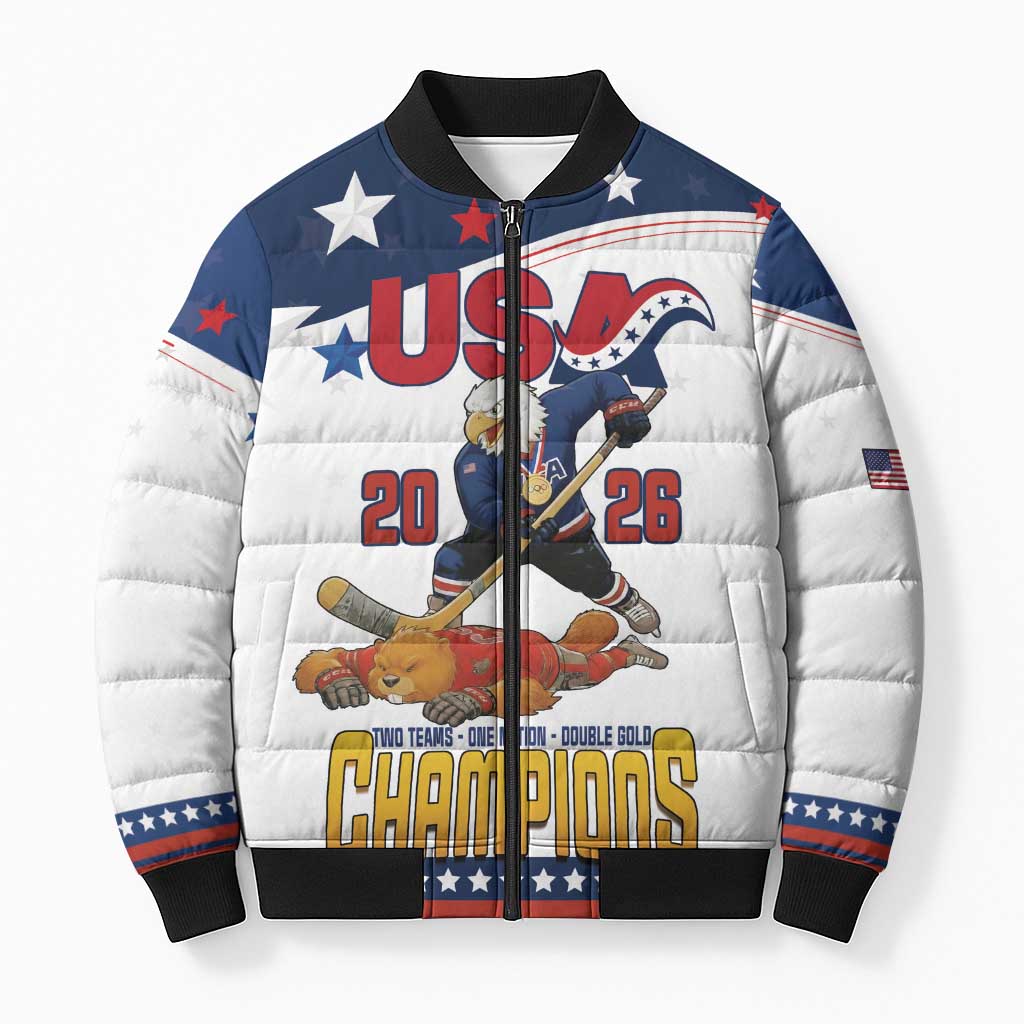 Custom USA Ice Hockey Champions 2026 Bomber Puffer Jacket American Eagle Victory Hockey Pride