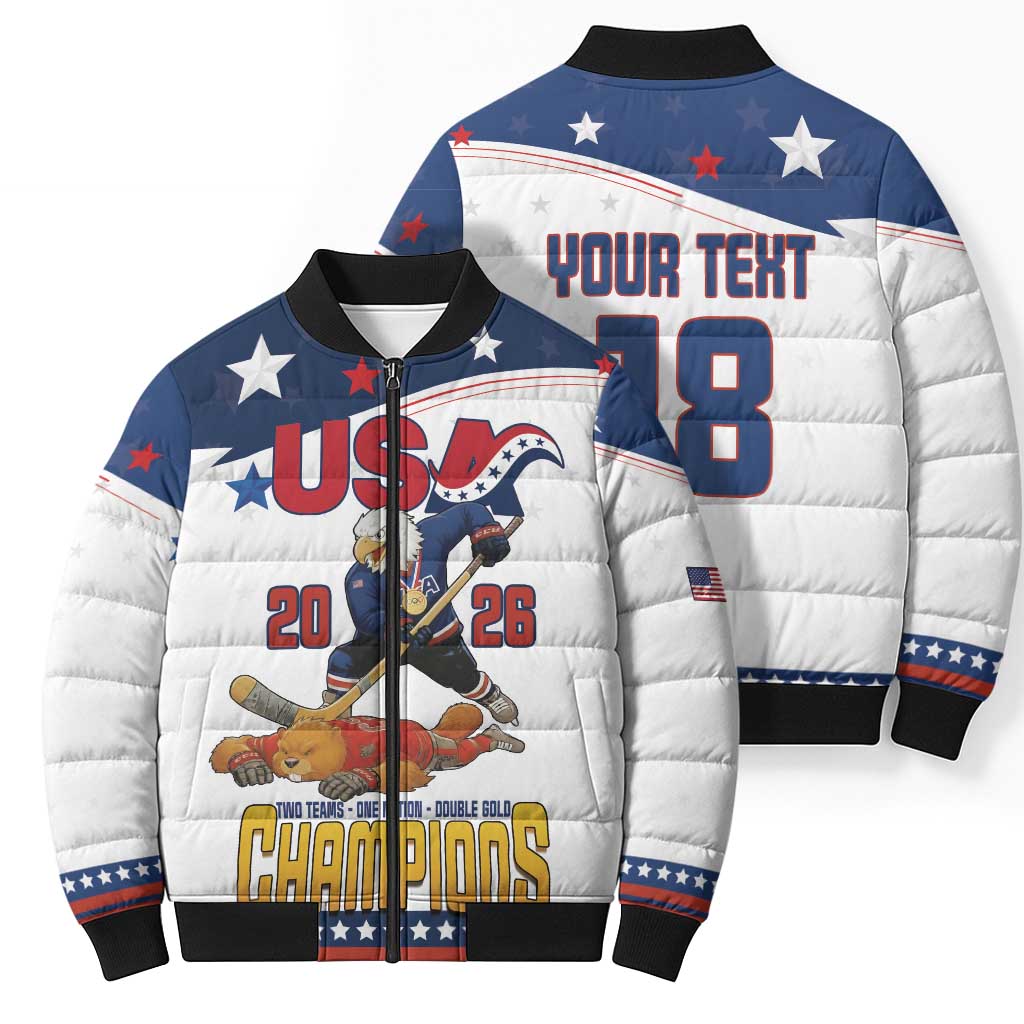Custom USA Ice Hockey Champions 2026 Bomber Puffer Jacket American Eagle Victory Hockey Pride
