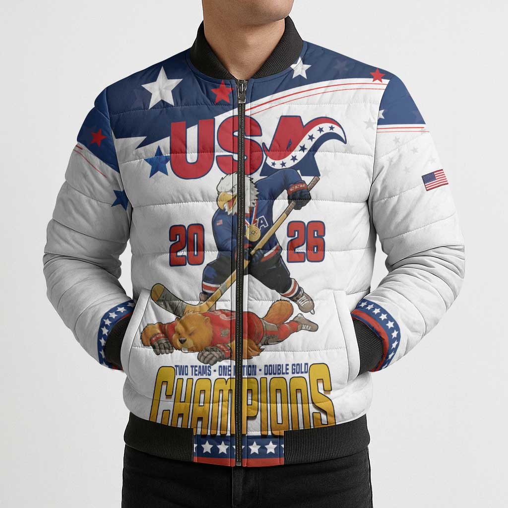 Custom USA Ice Hockey Champions 2026 Bomber Puffer Jacket American Eagle Victory Hockey Pride