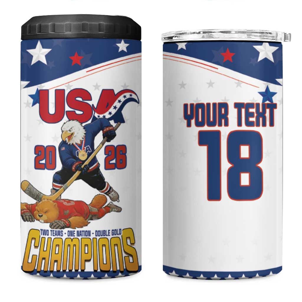 Custom USA Ice Hockey Champions 2026 4 in 1 Can Cooler Tumbler American Eagle Victory Hockey Pride