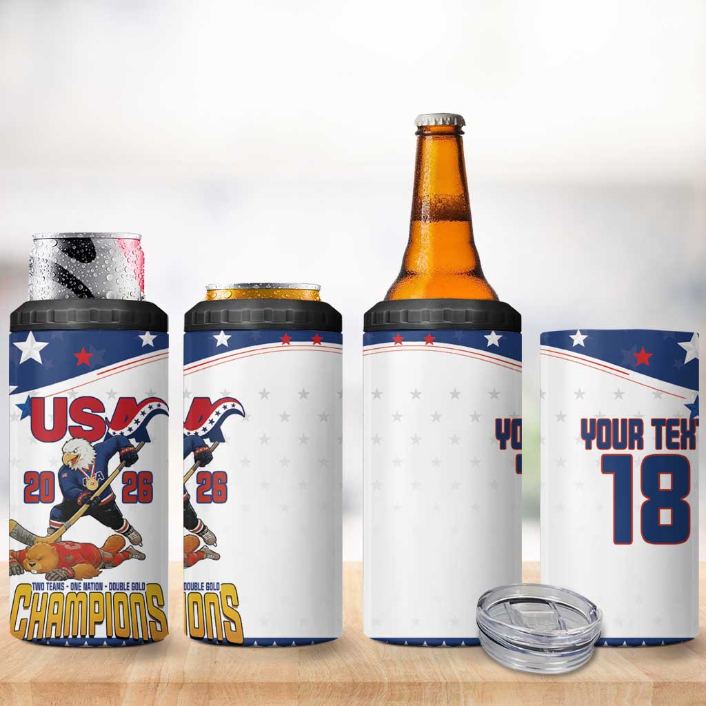 Custom USA Ice Hockey Champions 2026 4 in 1 Can Cooler Tumbler American Eagle Victory Hockey Pride