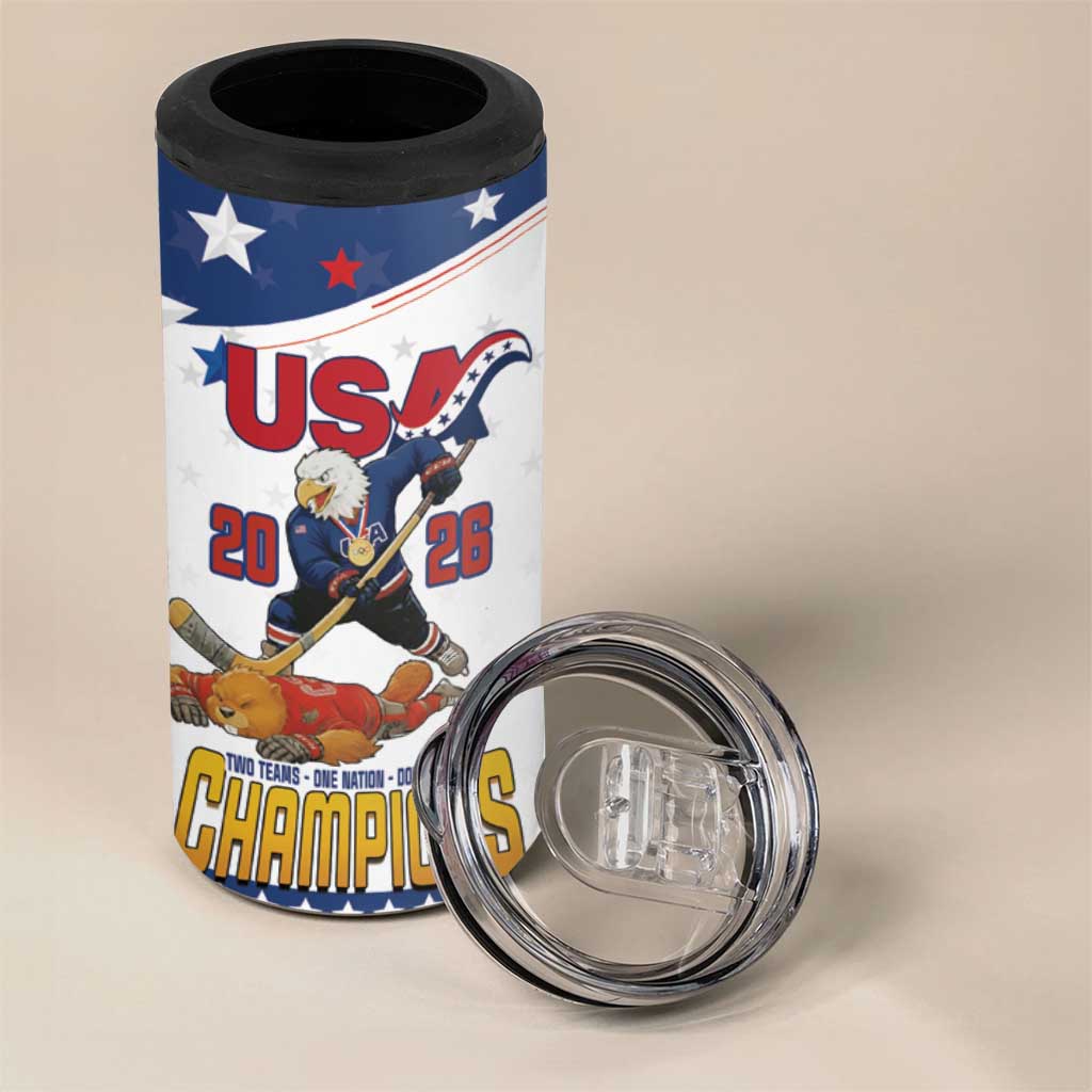 Custom USA Ice Hockey Champions 2026 4 in 1 Can Cooler Tumbler American Eagle Victory Hockey Pride