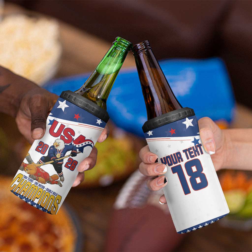 Custom USA Ice Hockey Champions 2026 4 in 1 Can Cooler Tumbler American Eagle Victory Hockey Pride
