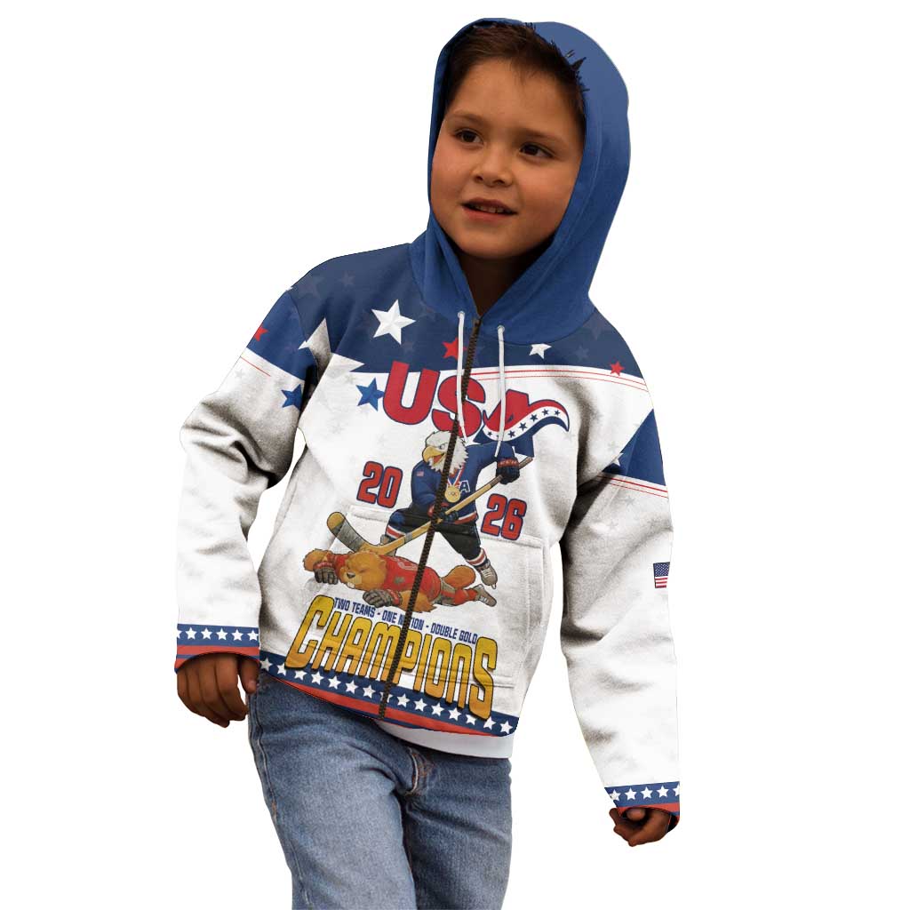 Custom USA Ice Hockey Champions 2026 Kid Hoodie American Eagle Victory Hockey Pride