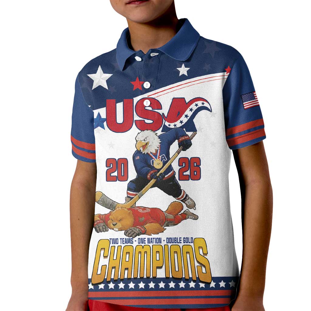 Custom USA Ice Hockey Champions 2026 Kid Polo Shirt American Eagle Victory Hockey Pride