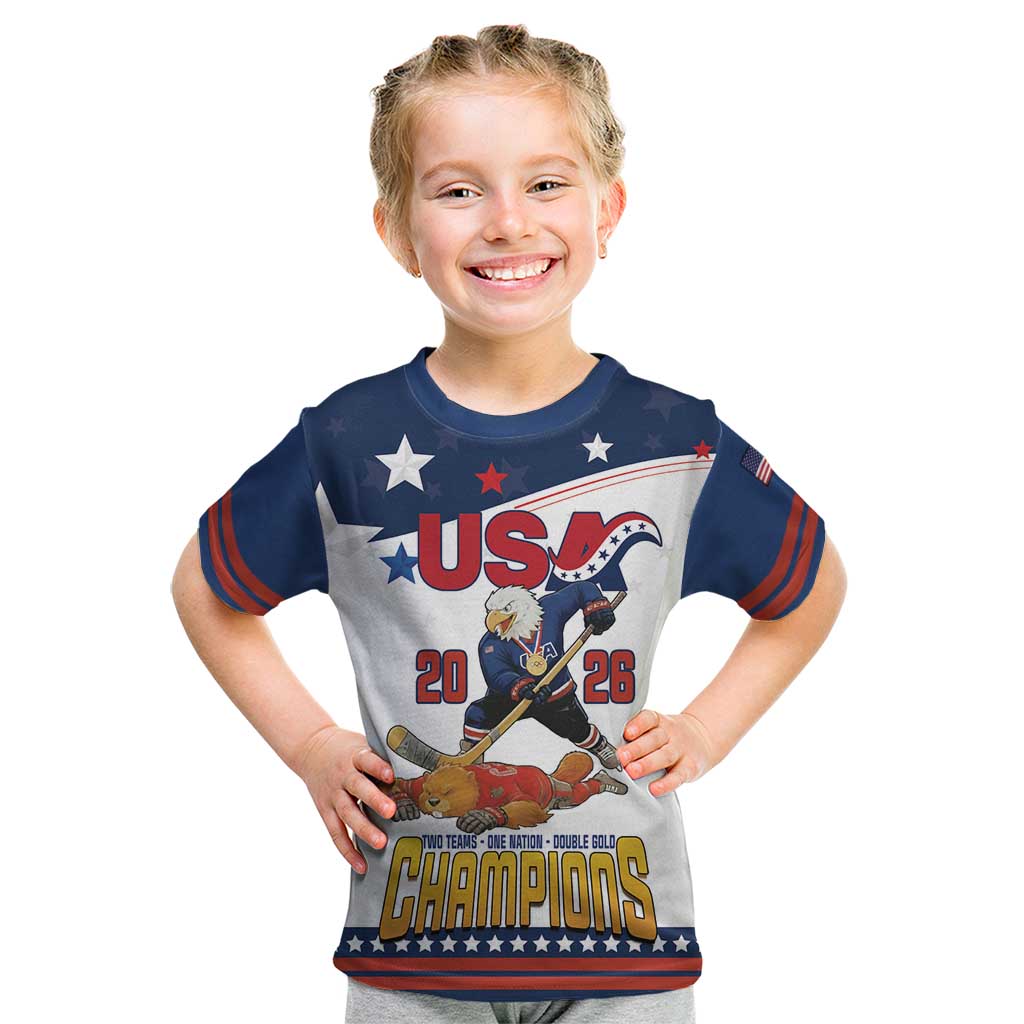 Custom USA Ice Hockey Champions 2026 Kid T Shirt American Eagle Victory Hockey Pride