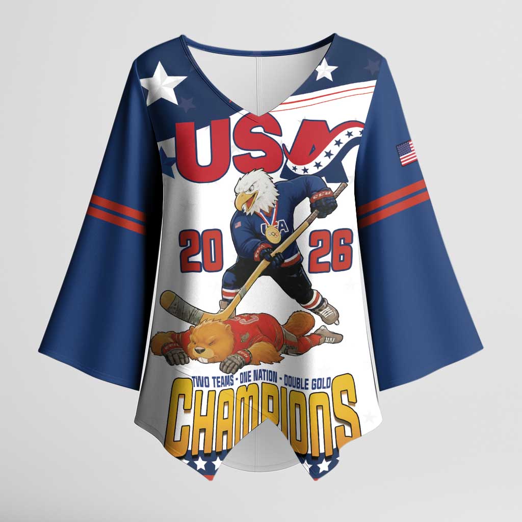 Custom USA Ice Hockey Champions 2026 Kimono Sleeve Blouse American Eagle Victory Hockey Pride