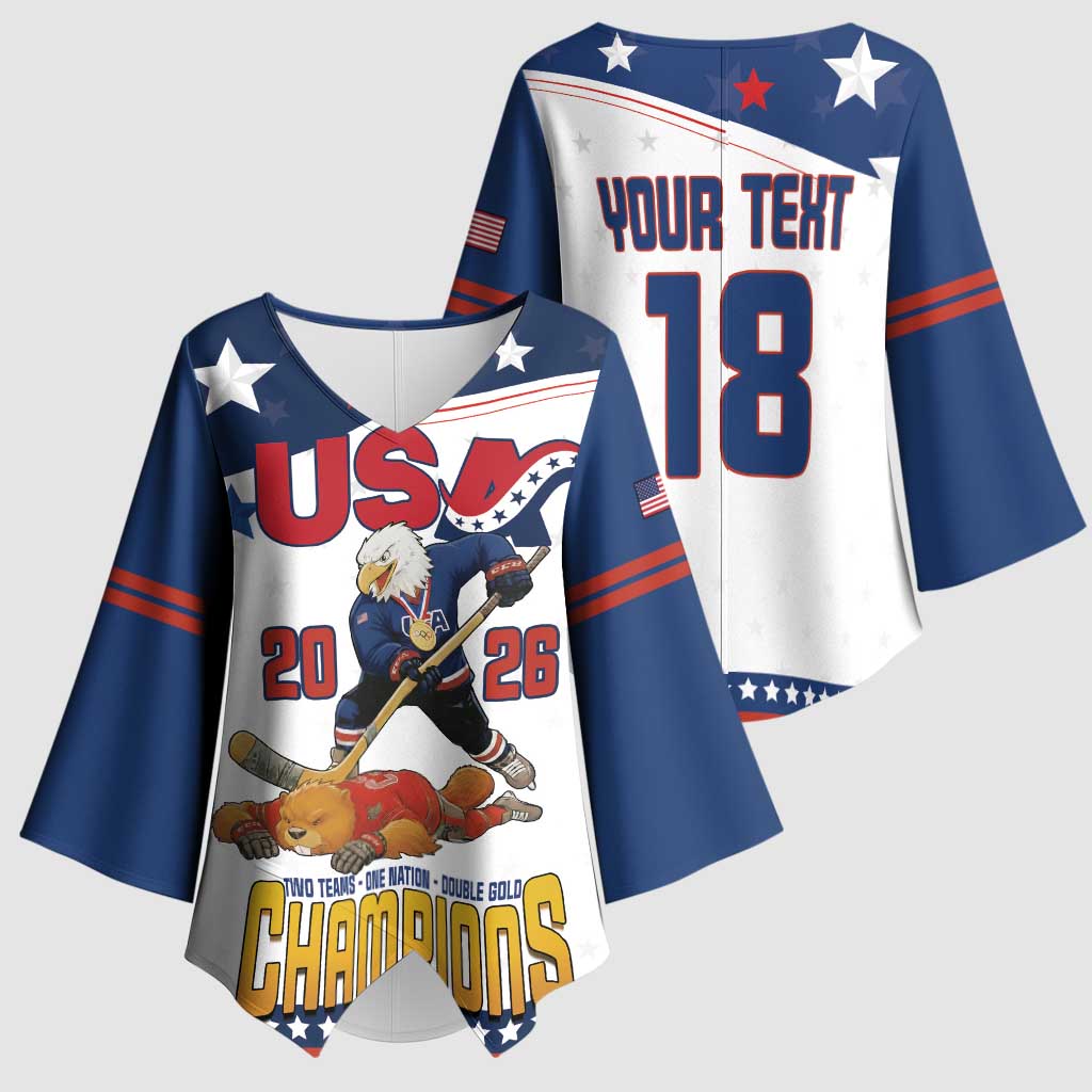 Custom USA Ice Hockey Champions 2026 Kimono Sleeve Blouse American Eagle Victory Hockey Pride