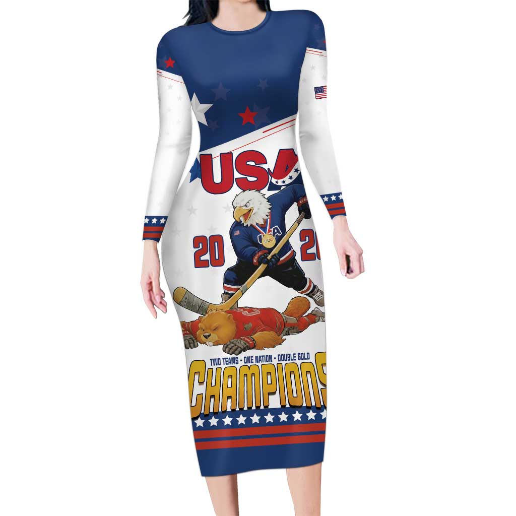 Custom USA Ice Hockey Champions 2026 Long Sleeve Bodycon Dress American Eagle Victory Hockey Pride