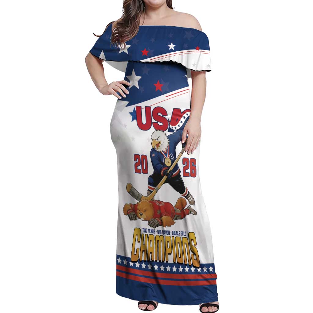 Custom USA Ice Hockey Champions 2026 Off Shoulder Maxi Dress American Eagle Victory Hockey Pride