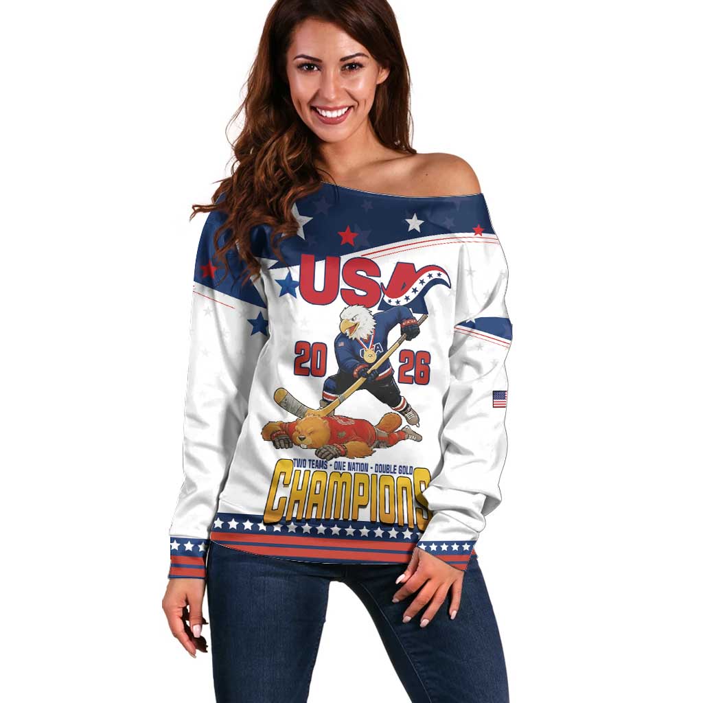 Custom USA Ice Hockey Champions 2026 Off Shoulder Sweater American Eagle Victory Hockey Pride