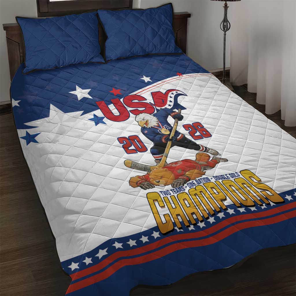 USA Ice Hockey Champions 2026 Quilt Bed Set American Eagle Victory Hockey Pride