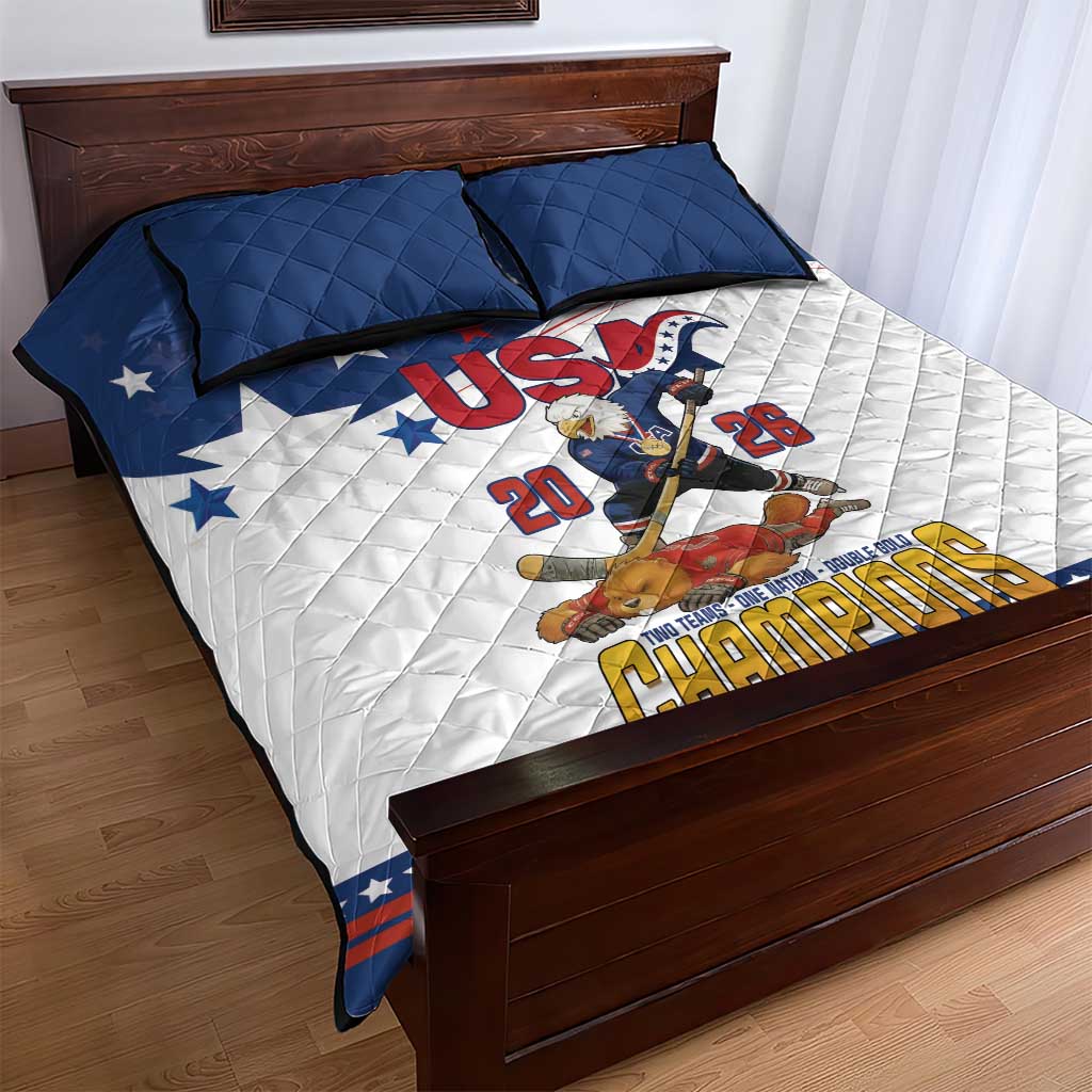 USA Ice Hockey Champions 2026 Quilt Bed Set American Eagle Victory Hockey Pride